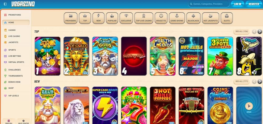 Vegasino Casino homepage screenshot.