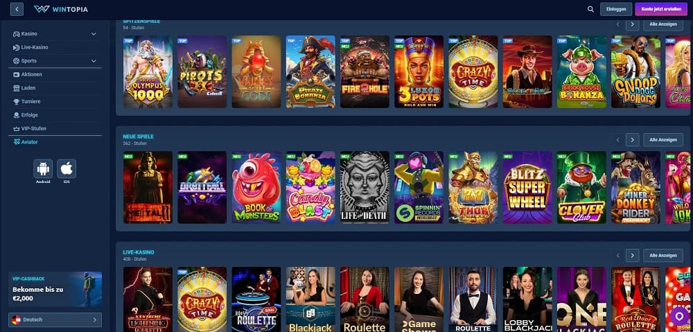 Wintopia Casino homepage screenshot.